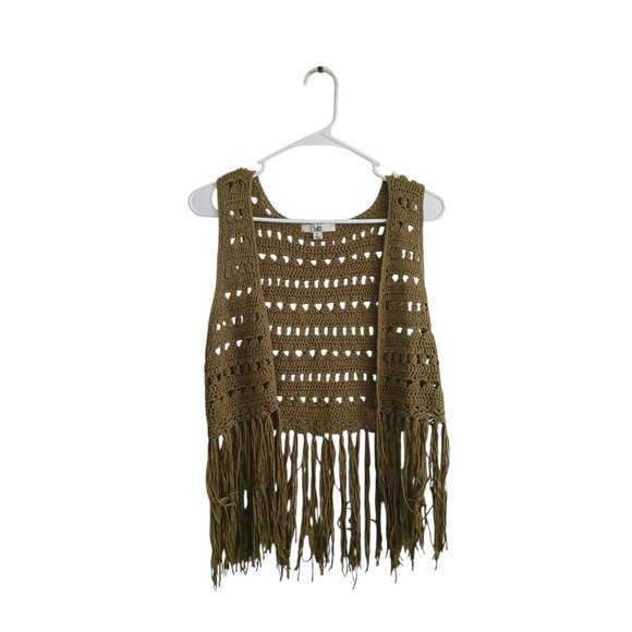 Ya Los Angeles Womens L Corchet Knit Olive Green Fringed Vest 100% Cotton Boho - Picture 1 of 5